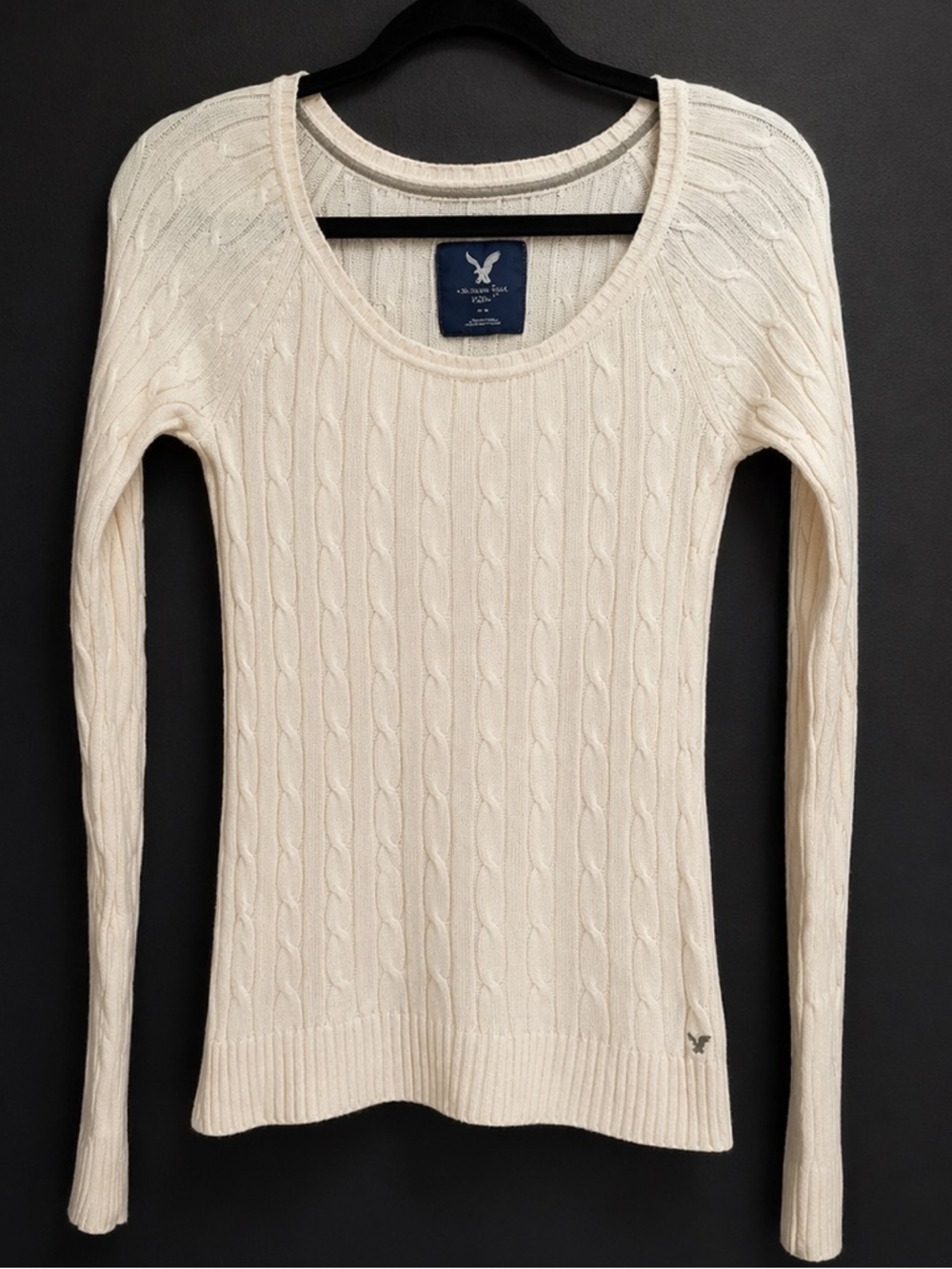 American Eagle Cable Knit Sweater Cream Womens Medium Fitted Long Sleeve